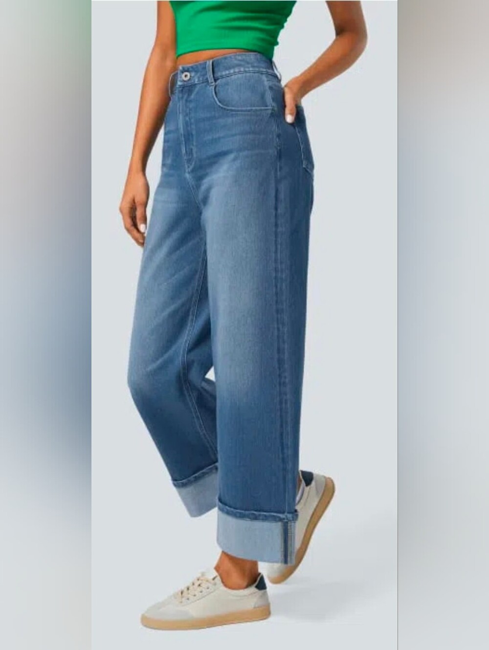 Halara Flex High Waisted Rolled Hem Wide Leg Jeans Medium Wash Size M Regular